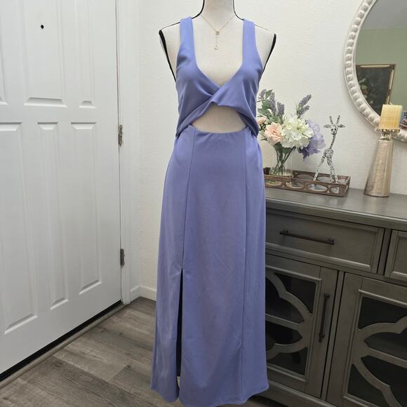 Show Me Your Mumu Blue Midi Dress Cutout Criss Cross Back Wedding Guest Sz L - Picture 2 of 9